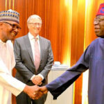 President Tinubu (right), exchanging pleasantries Dangote, with Bill Gates (middle)