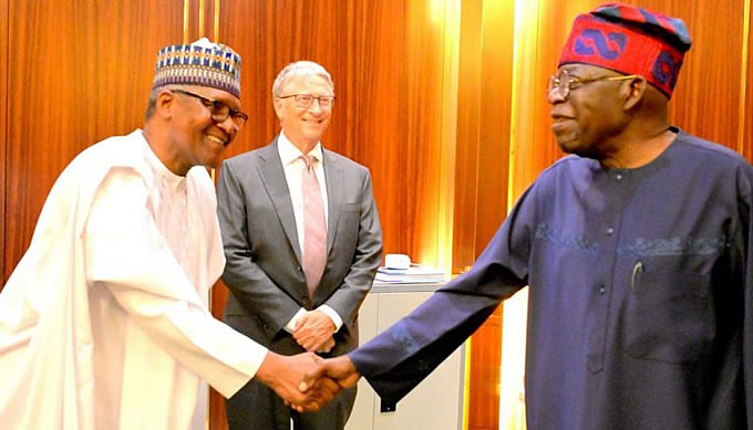 President Tinubu (right), exchanging pleasantries Dangote, with Bill Gates (middle)