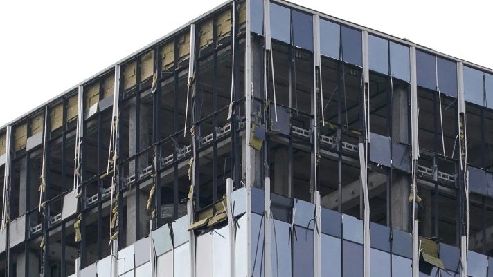 A view of a damaged business centre after a reported drone attack on July 24