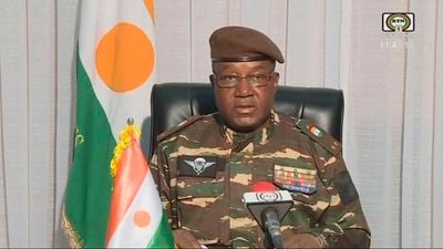 A video frame grab image obtained by AFP from ORTN - Télé Sahel shows General Abdourahamane Tchiani, Niger's new strongman, speaking on national television after reading a statement as "President of the National Council for the Safeguarding of the Fatherland", after the ouster of President-elect Mohamed Bazoum on July 28, 2023. PHOTO | AFP